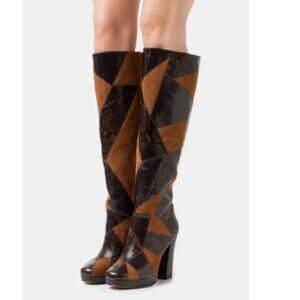 Michael Kora Hanya Patchwork Leather and Suede Boot Size 9 Brown